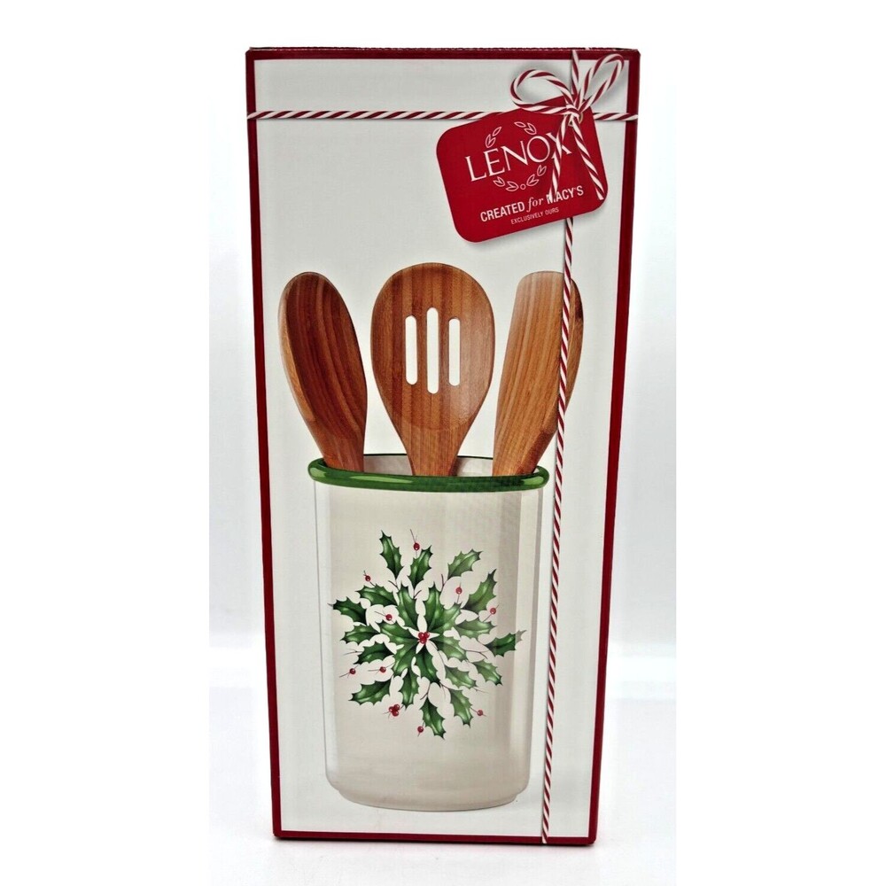 Lenox XMAS Holiday Utensil Crock w/3 Wooden Server Spoons Made for Macys NOS NIB